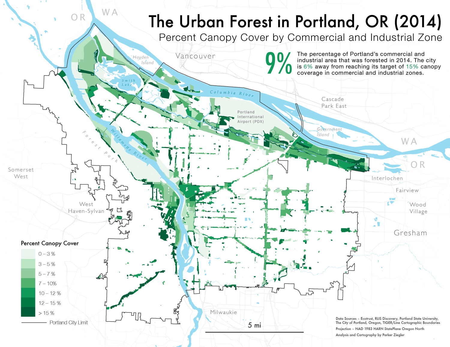 A map of Portland's urban canopy by Commercial and Industrial Zone in 2014.