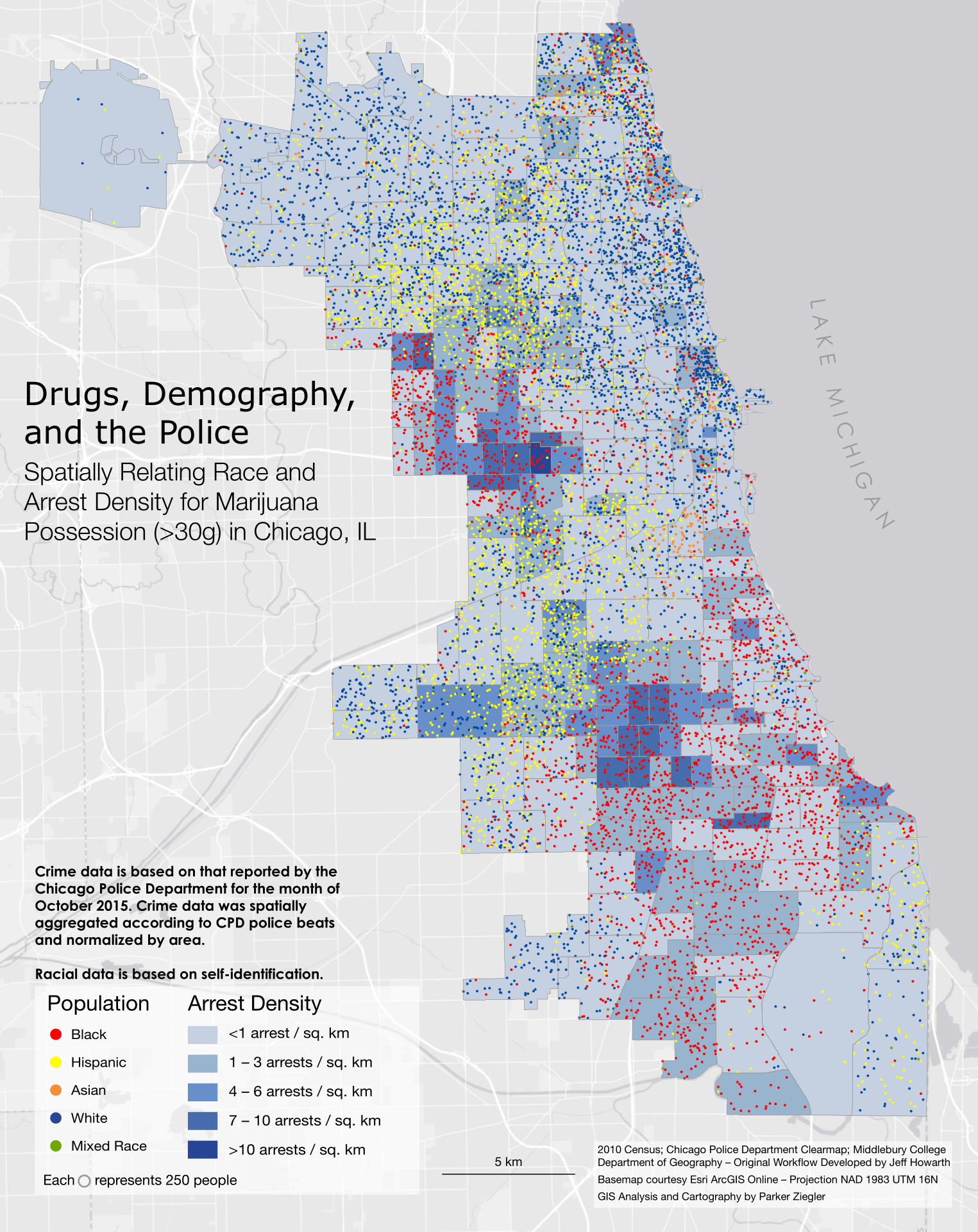 A map spatially correlating race and arrest density for possession of marijuana in Chicago, IL.