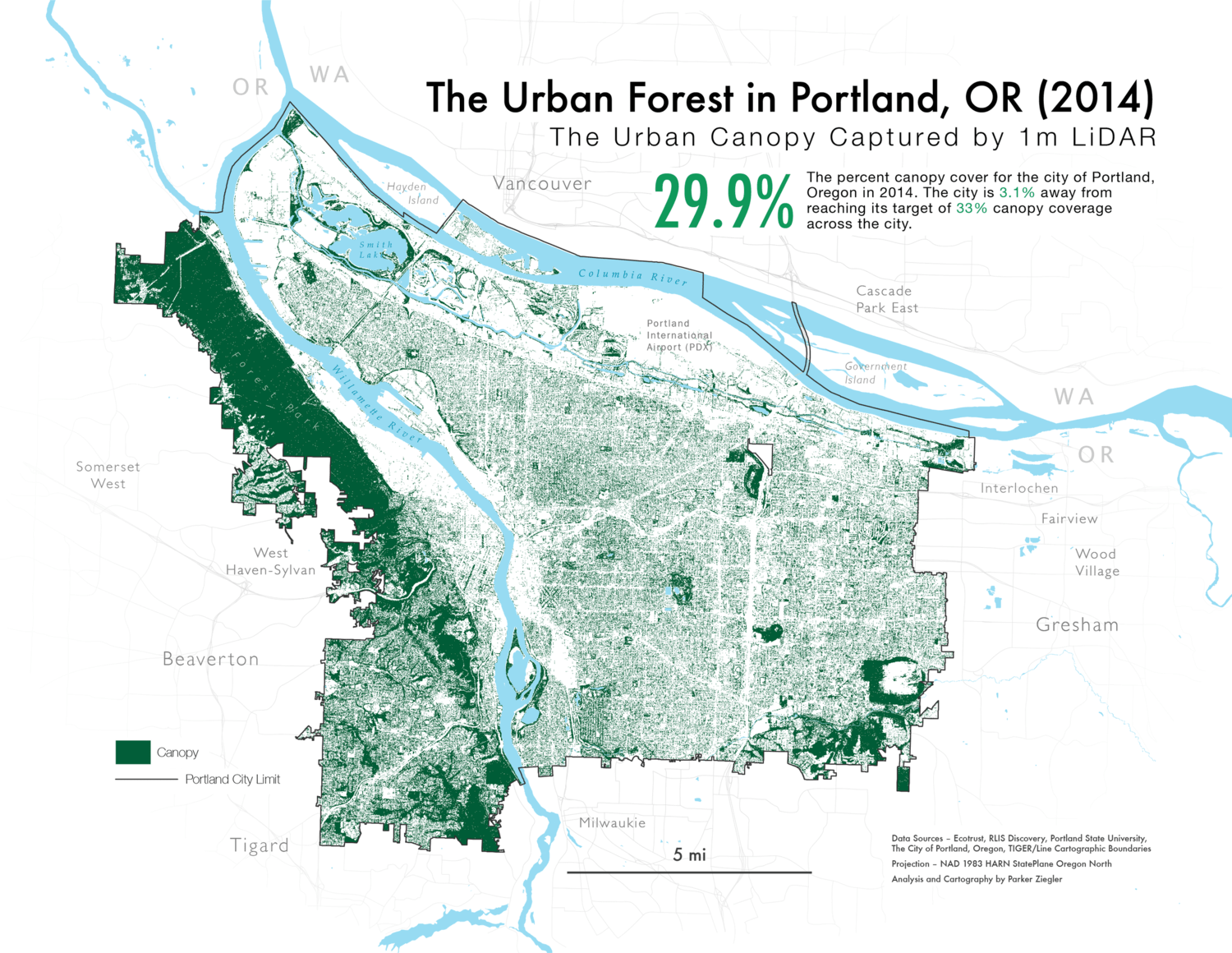 A map of Portland's urban canopy captured using LiDAR in 2014.