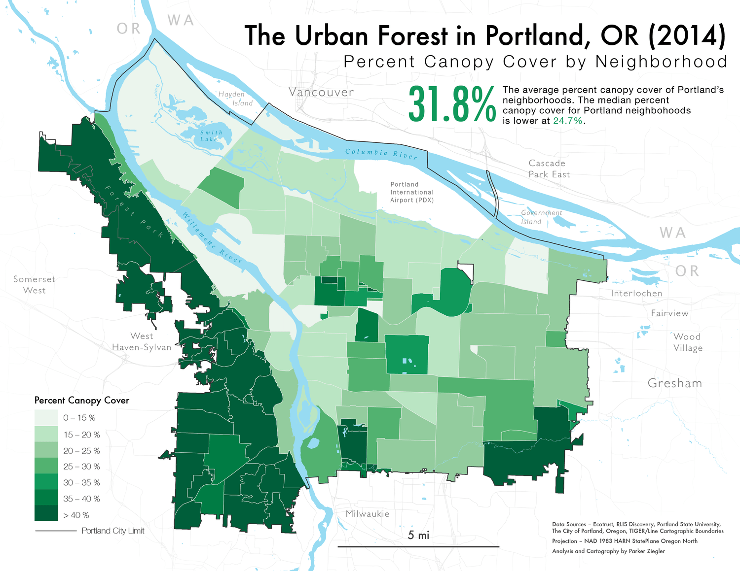A map of Portland's urban canopy by neighborhood in 2014.