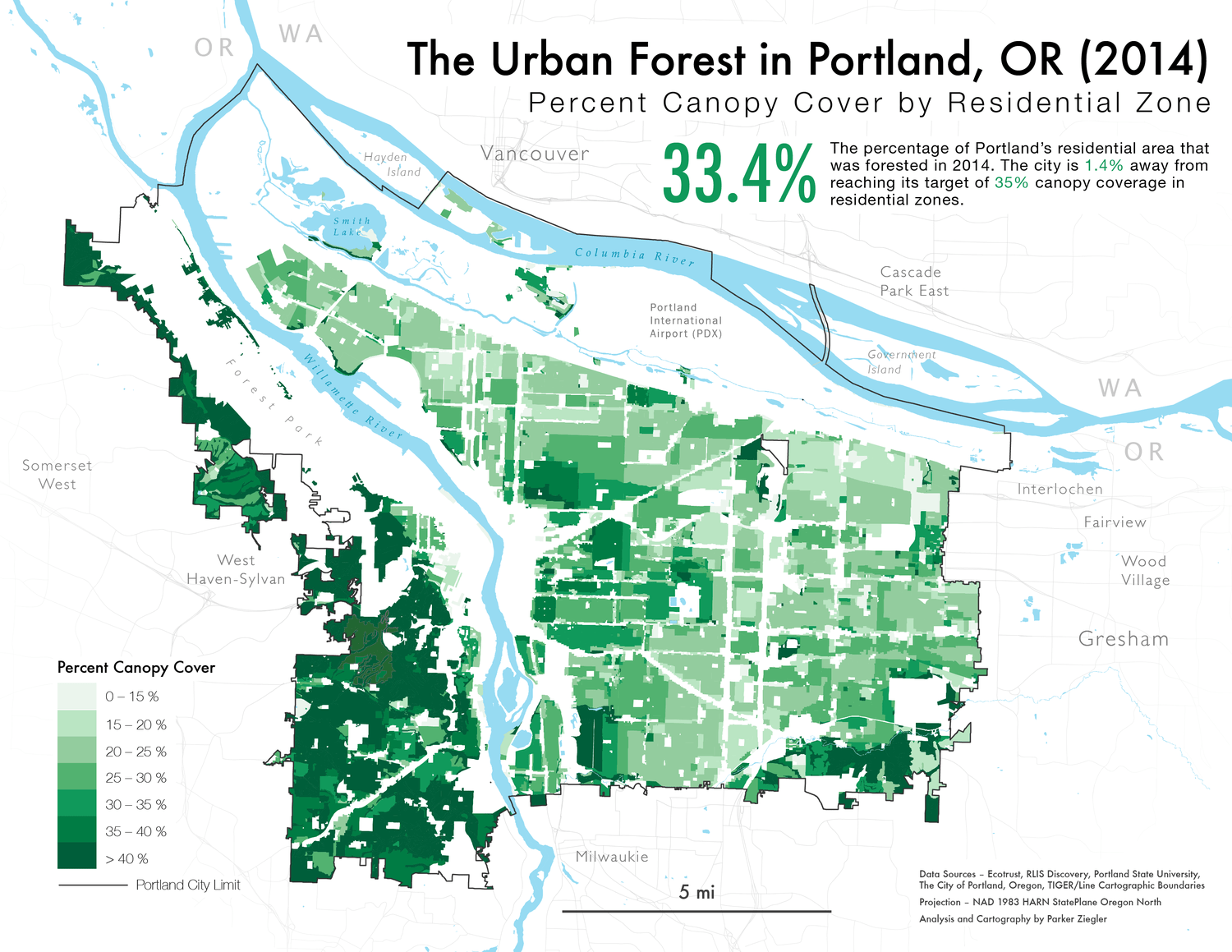 A map of Portland's urban canopy by Residential Zone in 2014.