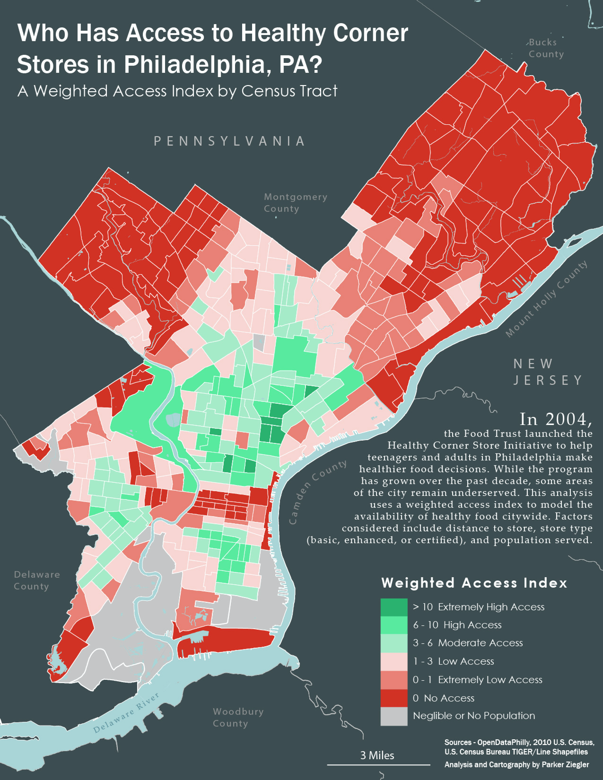A map exploring food access by Census tract in Philadelphia, PA.