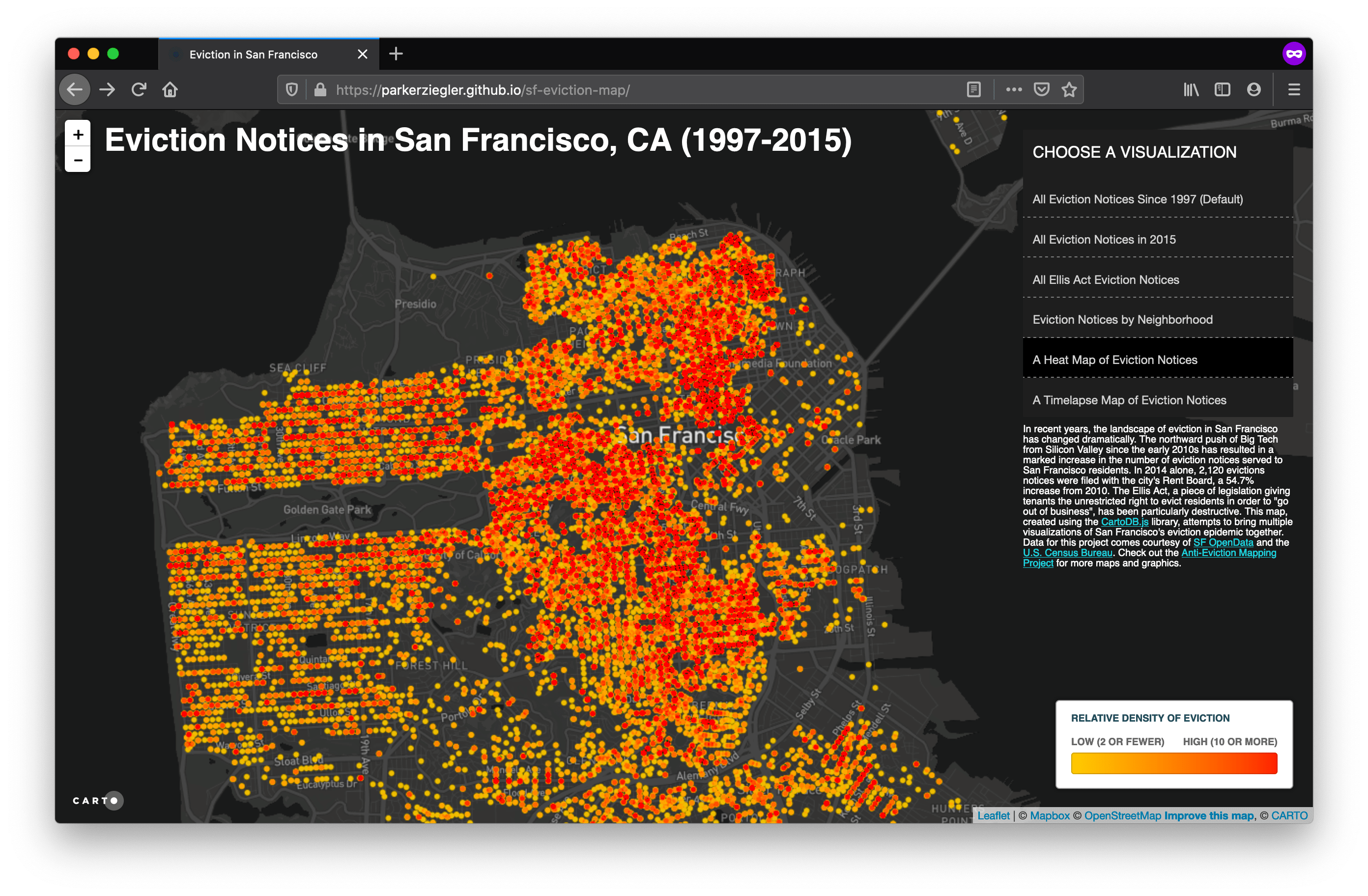 An interactive map depicting evictions in San Francisco from 1997 to 2015.