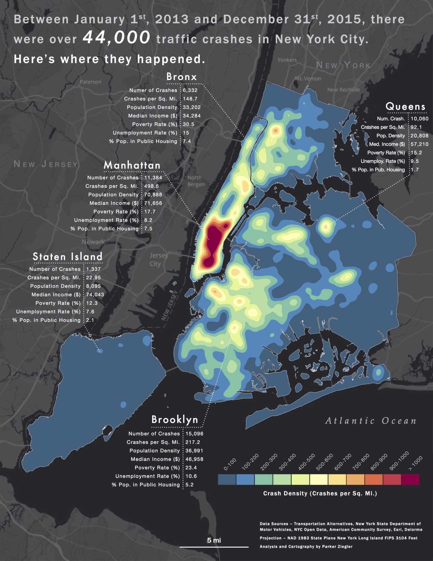 A heat map of traffic crashes in New York City between 2013 and 2015.