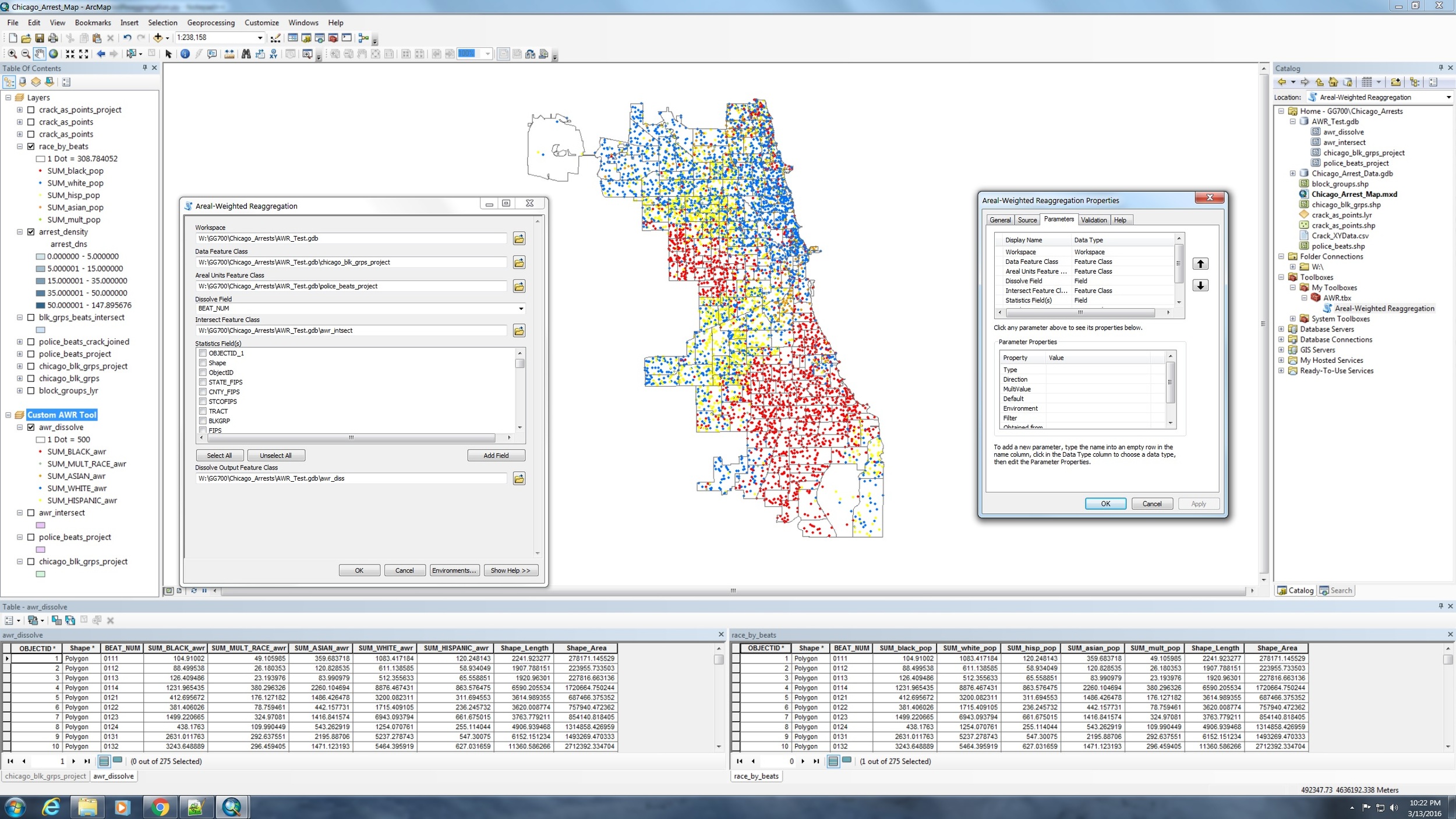 Results of running the generalized AWR script in comparison to a custom geoprocessing script for analyzing the spatial relationship between non-violent drug arrests and race in Chicago.