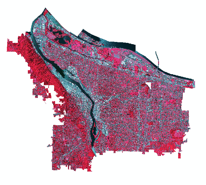 A composited NAIP image of the city of Portland, OR in 2014 displayed in color-infrared (R = Band 4, G = Band 3, B = Band 2).