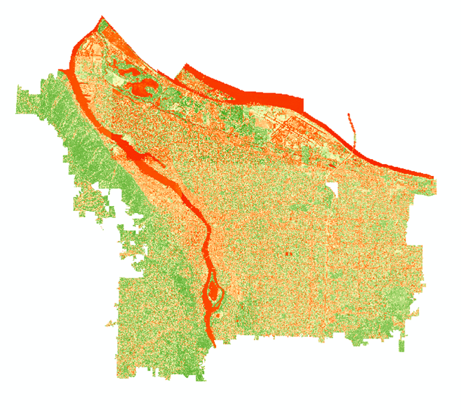 The NDVI of the NAIP composite displayed using a diverging color ramp. You can use the Image Analysis toolbar to automatically generate an NDVI from an input raster or manually calculate it using Raster Calculator.