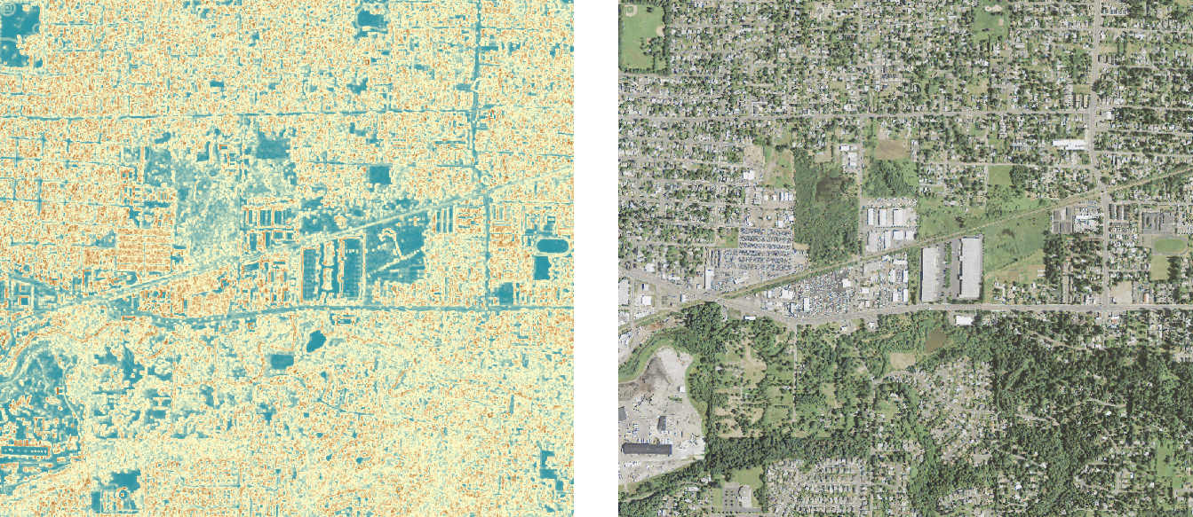 A zoomed in view of the ‘texture’ raster and the original image. Notice how flat, grassy surfaces appear blue (low values), while the canopy appears tan brown (higher values).