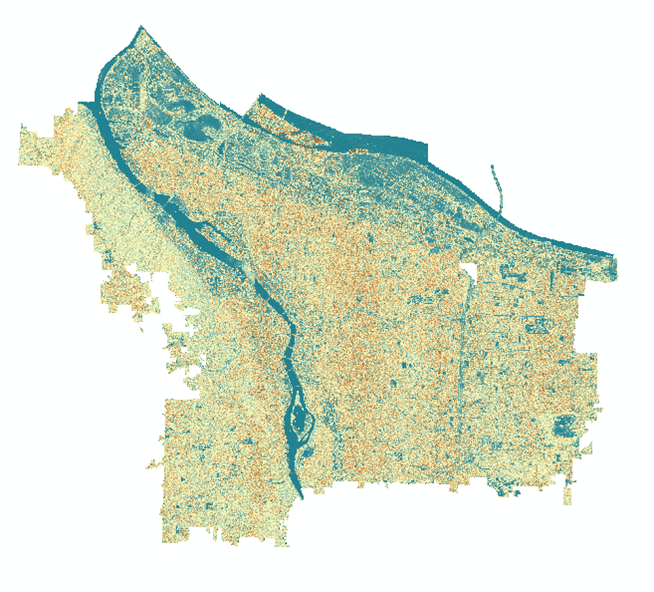 The ‘texture’ raster of the NAIP image. Notice how the Willamette River (center) appears very deep blue (low value, smooth surface) while Forest Park (left) appears a tan brown (higher value, rougher surface).